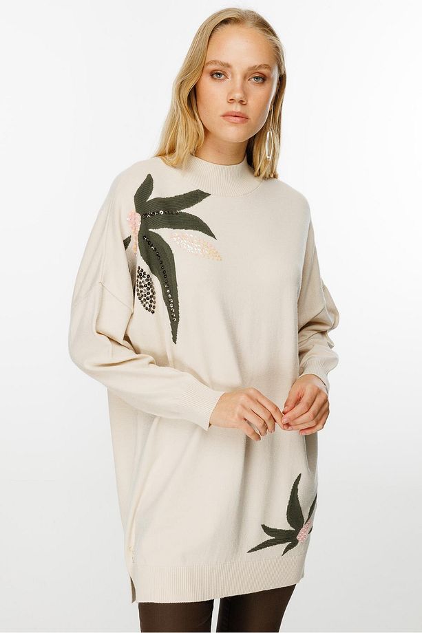 Desenli Triko Tunik Ekru - 6