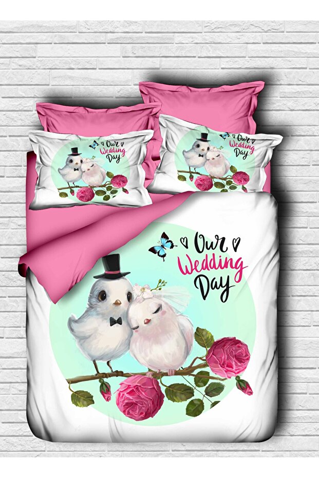 Bride Groom Birds Digital Double Duvet Cover Pillow Set