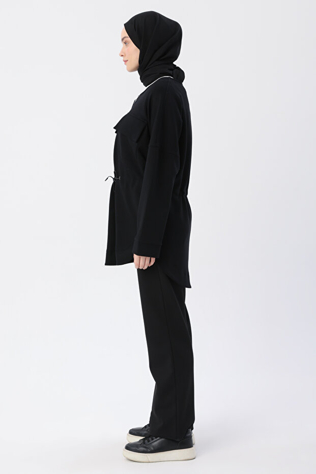 سترة جيب الرباط الخصر الأسود - 3