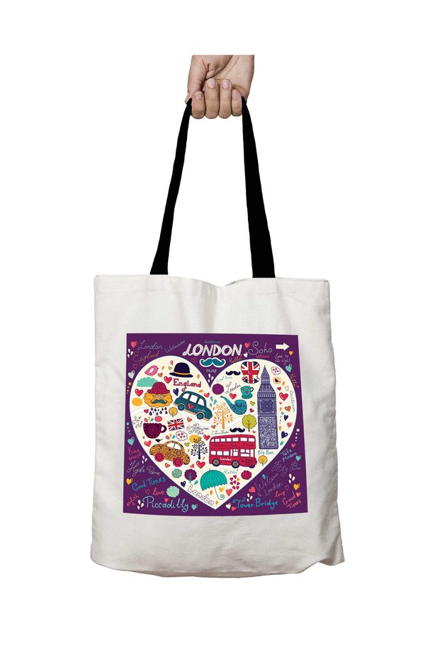 English London Theme Words Washable School Shoulder Bag with Black Handles