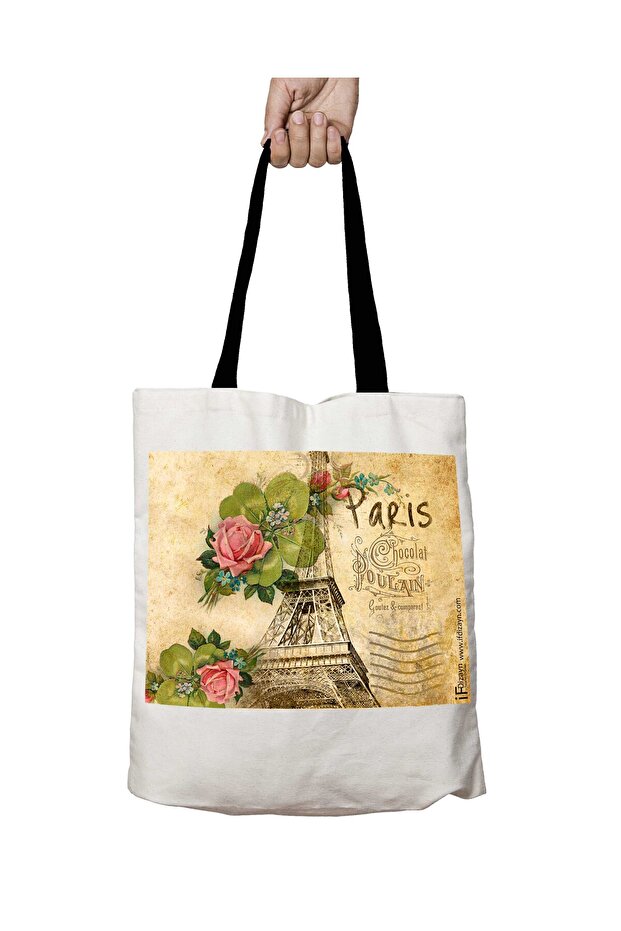 France Paris Eiffel Tower Washable School Shoulder Bag with Black Handles