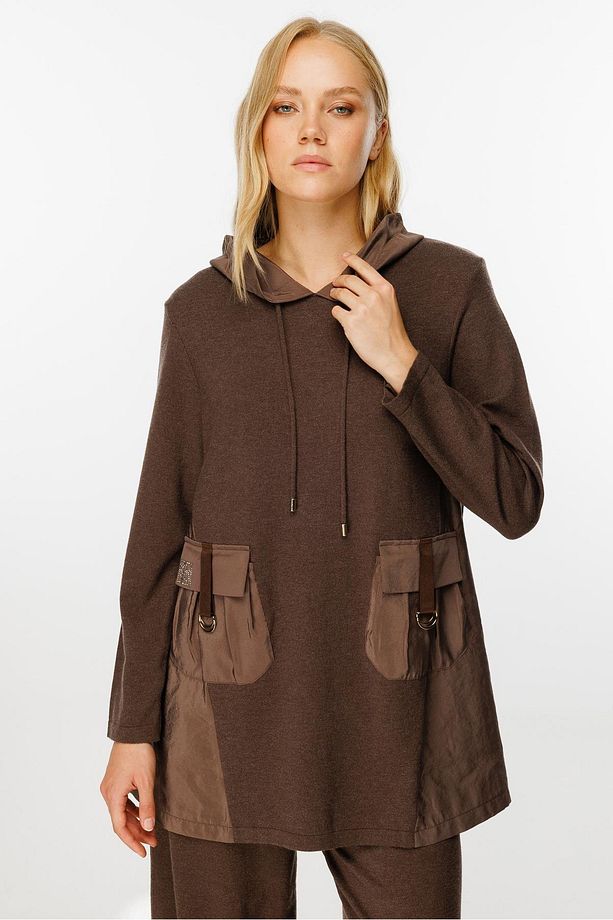 Cep Detaylı Triko Tunik Pantolon Takımı Kahve - 7