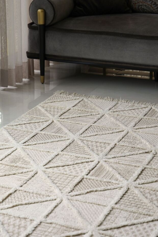 Sakura 2201 Krem Hav Toz Vermez Etnik Desenli Modern Dokuma Bukleli Salon Halısı - 7