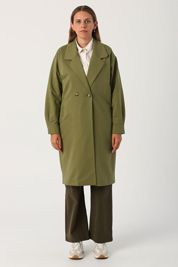 Açık Haki Düğmeli Rahat Kalıp Örme Ceket - 2