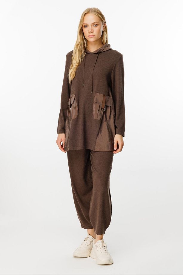 Cep Detaylı Triko Tunik Pantolon Takımı Kahve - 1