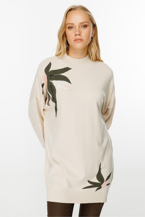Desenli Triko Tunik Ekru - 5