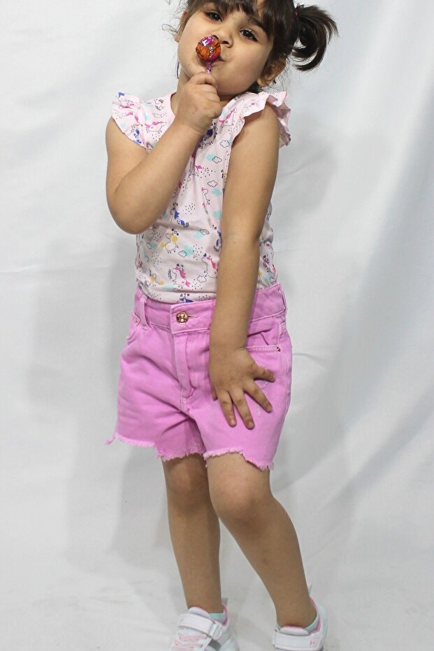 Kız Çocuk Pembe Denim Şort - 5