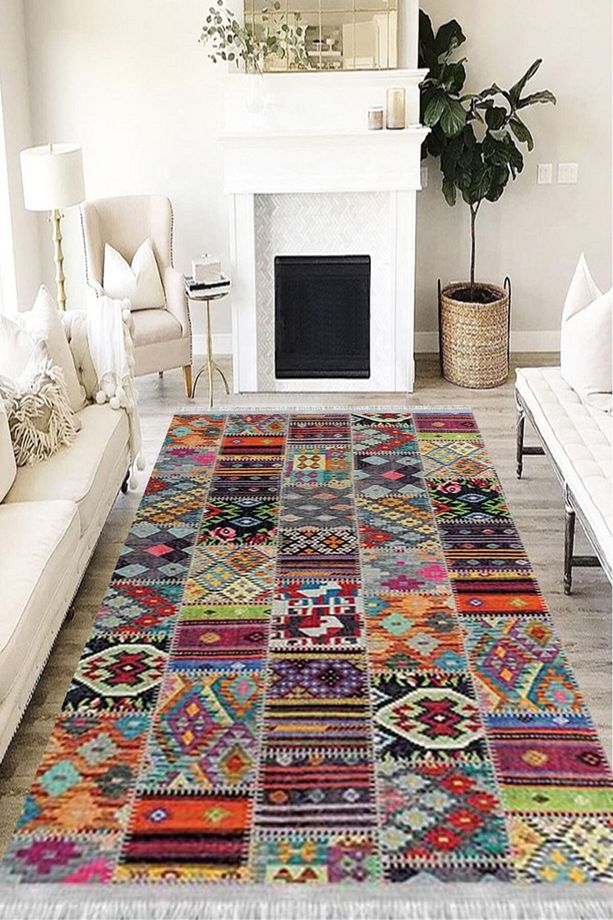 Patchwork Eko Punto Kaymaz Tabanlı Yıkanabilir Antibakteriyel Dijital Baskı Patchwork Halı Yolluk - 1
