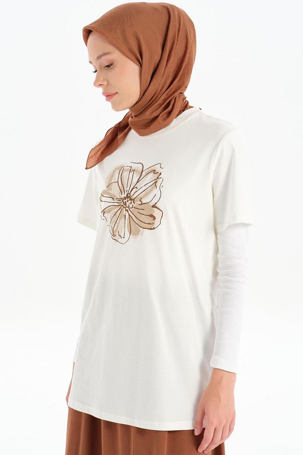 Ön Desen Baskılı Örme Tişört - Beyaz- Kahve - 4