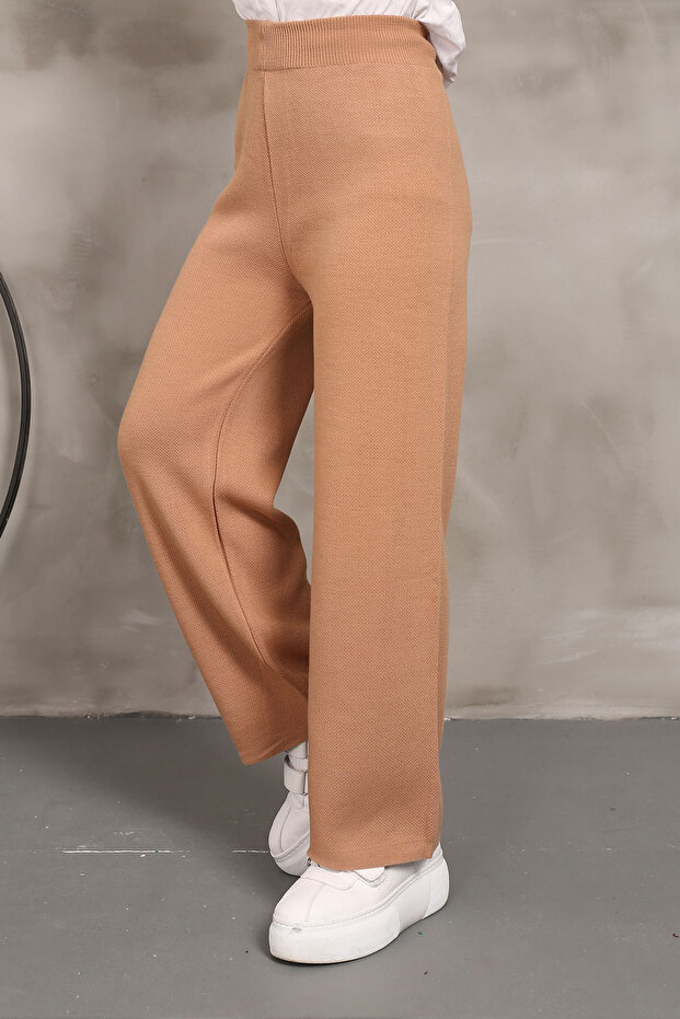 Bisküvi Yüksek Bel Bol Paça Triko Pantolon - 2