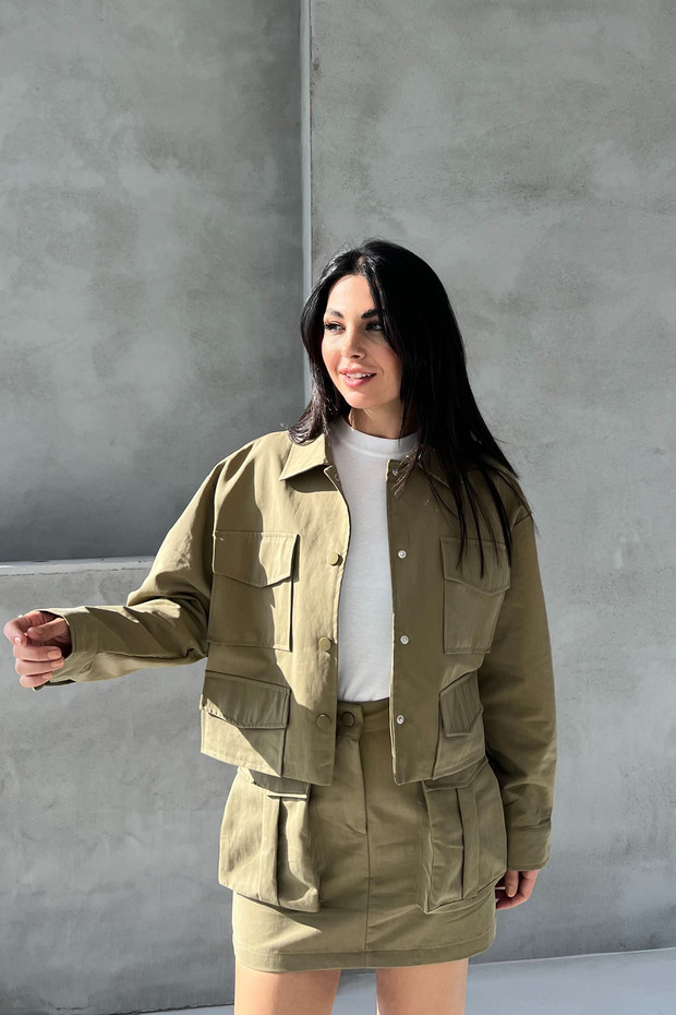 Haki Safari Çok Cepli Çıtçıtlı Etek Ceket Takım - 3
