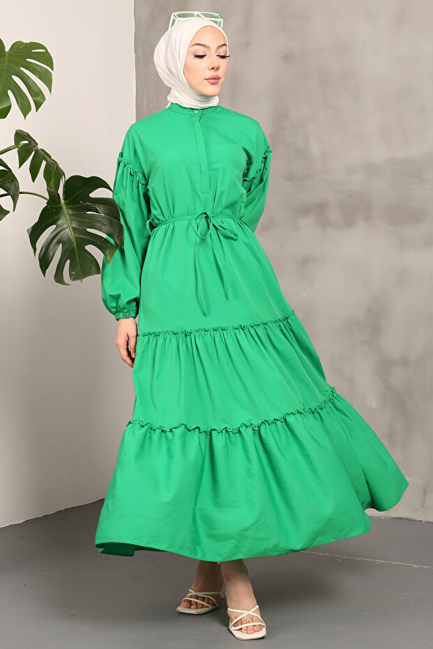 Green Sleeve Elastic Skirt Layered Tericotone Dress