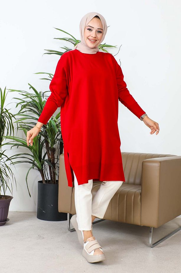 Bordo Bisiklet Yaka Merserize Salaş Triko Tunik - 3
