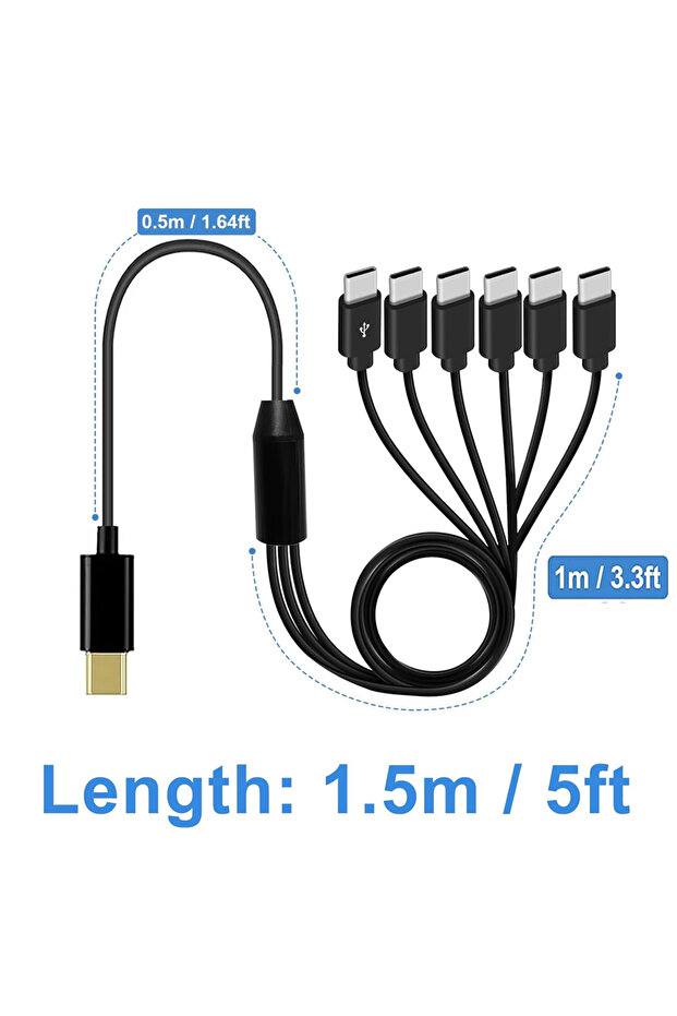 كابل موزع USB C بطول 6 في 1 (أسود) بطول 150 سم، كابل متعدد USB C إلى USB C، كابل شاحن 6 في 1 من النوع C ذكر