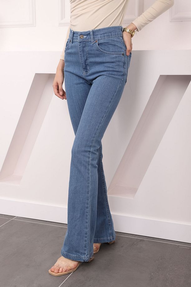 Mavi Yüksek Bel İspanyol Paça Jeans Pantolon - 5