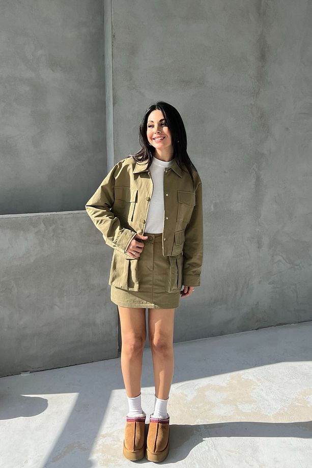 Haki Safari Çok Cepli Çıtçıtlı Etek Ceket Takım - 2