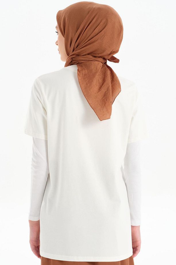Ön Desen Baskılı Örme Tişört - Beyaz- Kahve - 6