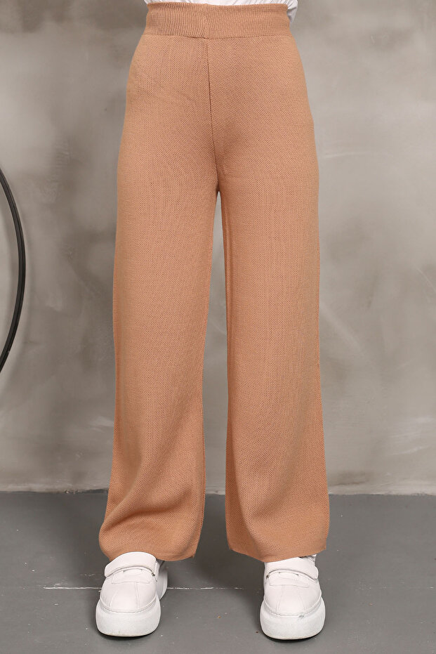 Bisküvi Yüksek Bel Bol Paça Triko Pantolon - 1