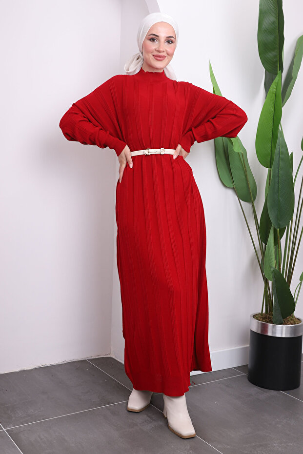 Red Stand Collar Mercerized Knitwear Dress