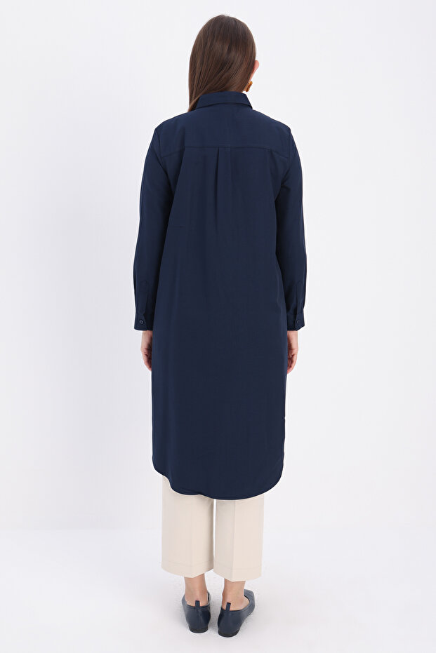 Navy Blue Basic Hidden Placket Long Shirt - 4