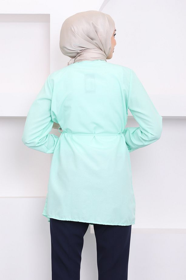 Mint Ön Fırfırlı Bağlamalı Poplin Tunik - 6