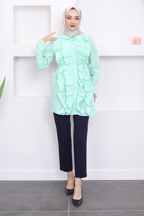 Mint Ön Fırfırlı Bağlamalı Poplin Tunik - 3
