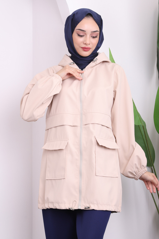 Taş Kapüşonlu Fermuarlı Kısa Trenç - 3