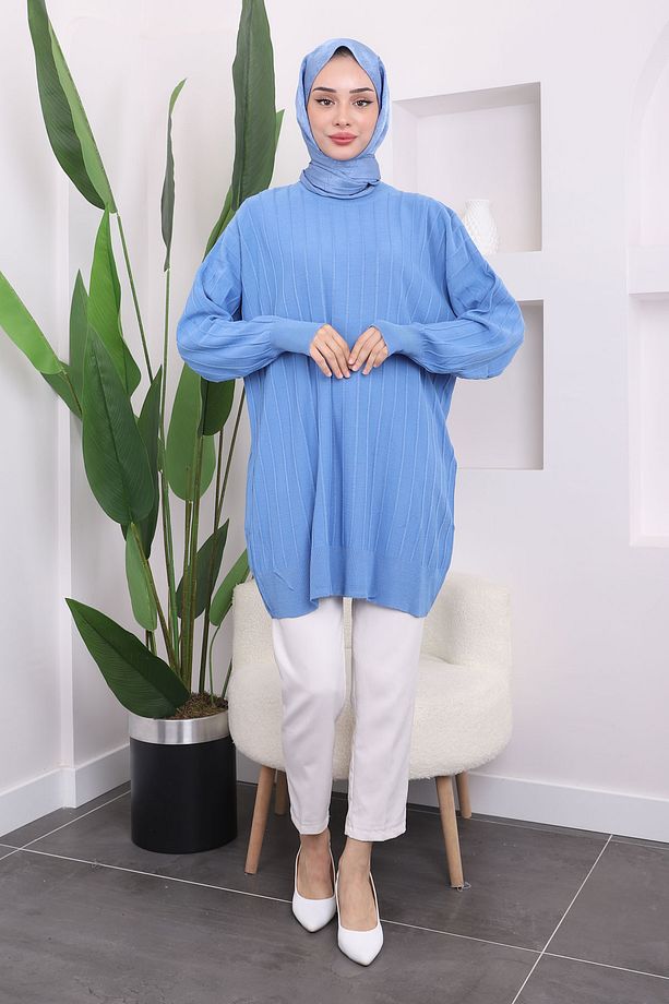 İndigo Bisiklet Yaka Merserize Salaş Triko Tunik - 3