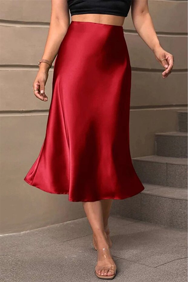 Fustă Lungă Roșu Claret Basic Satin Mg1409 - 6