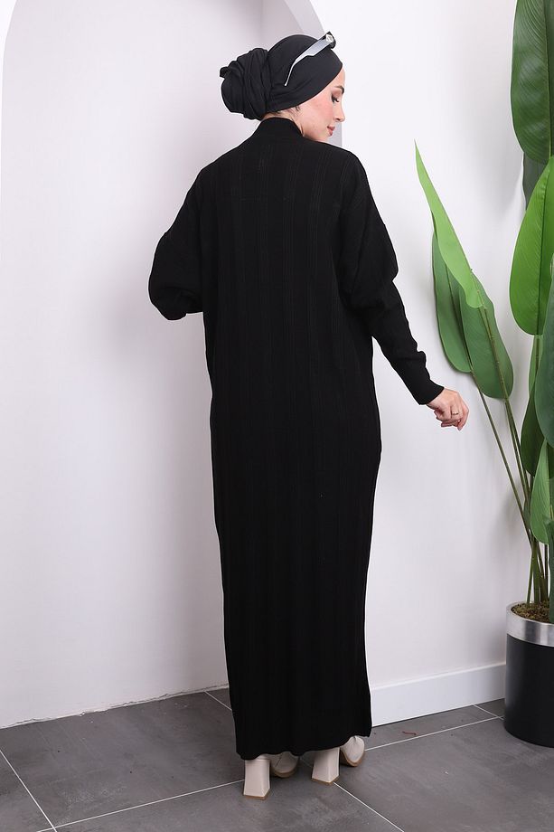 Siyah Dik Yaka Merserize Triko Elbise - 5