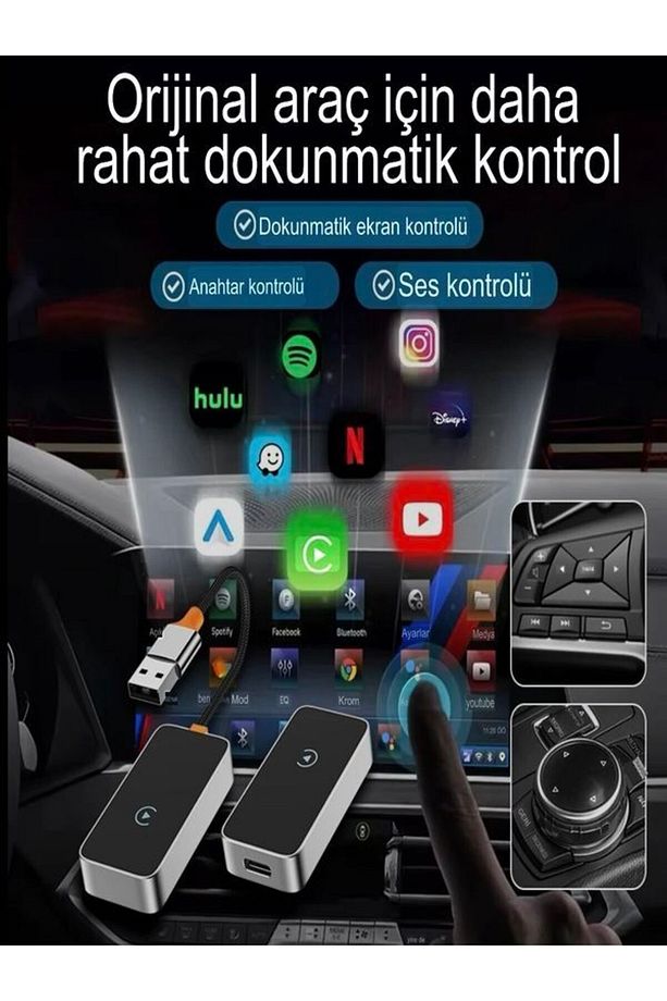 2in1 USB TYPE-C Giriş'li Wireless Kablosuz Apple Android CarPlay Bluetooth Araç Kiti Adaptör - 5