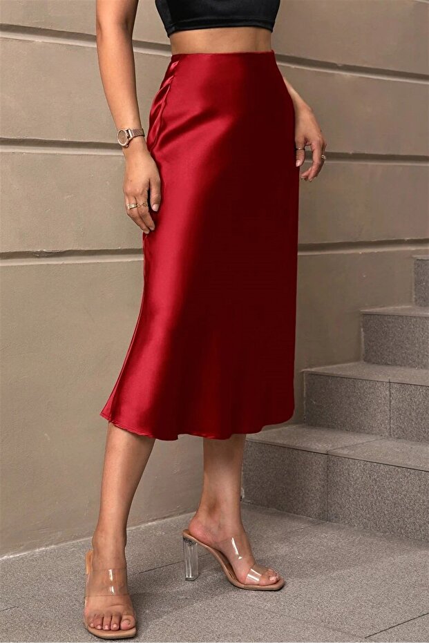 Fustă Lungă Roșu Claret Basic Satin Mg1409 - 4