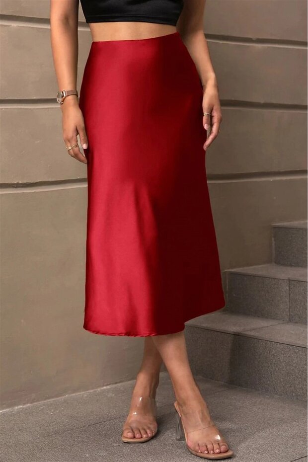 Fustă Lungă Roșu Claret Basic Satin Mg1409 - 2