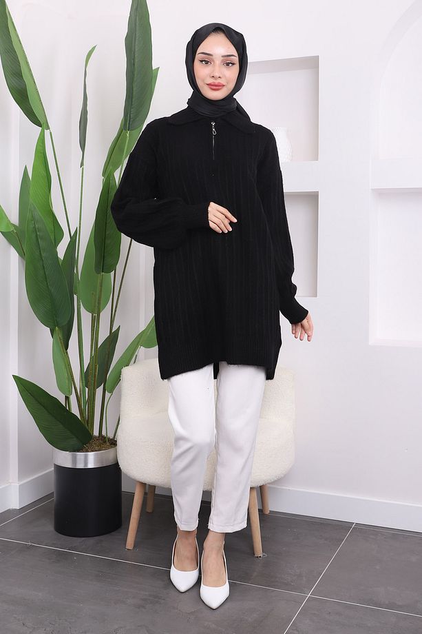 Siyah Fermuarlı Şardon Triko Tunik - 3