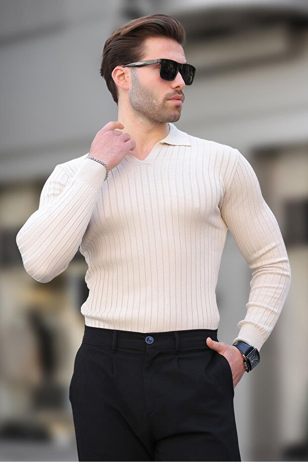 Beige Polo Neck Striped Long Sleeve Men's Sweater 7289