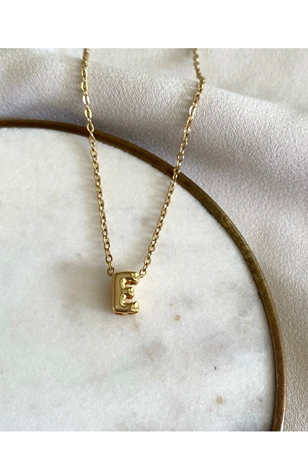 Çelik Altın Sarısı E Harfi kolye - 1