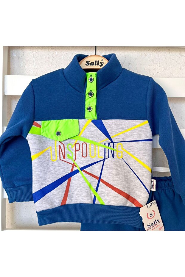 3 Thread Winter Raised Inside, Printed, Button Detailed Top and Bottom Set, Tracksuit Set - 2