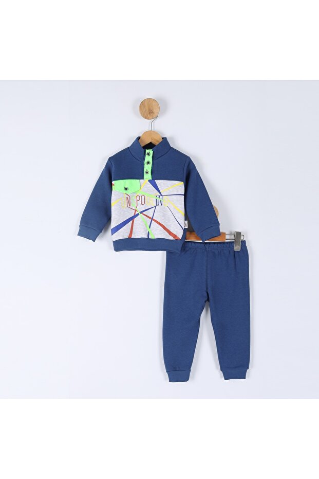3 Thread Winter Raised Inside, Printed, Button Detailed Top and Bottom Set, Tracksuit Set - 1