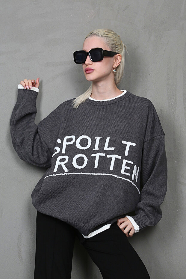 Smoked Printed Oversize Crew Neck Women's Sweater Mg1596