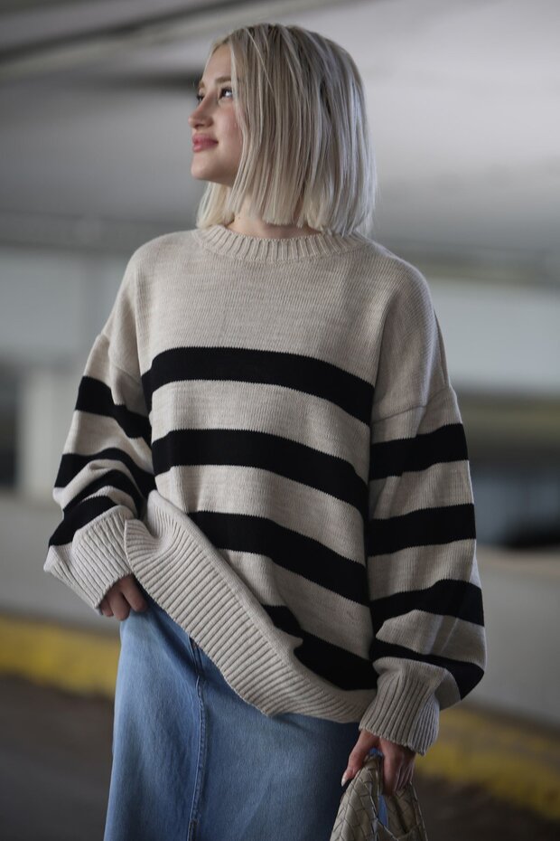 Beige Overfit Striped Marine Sweater Mg1569