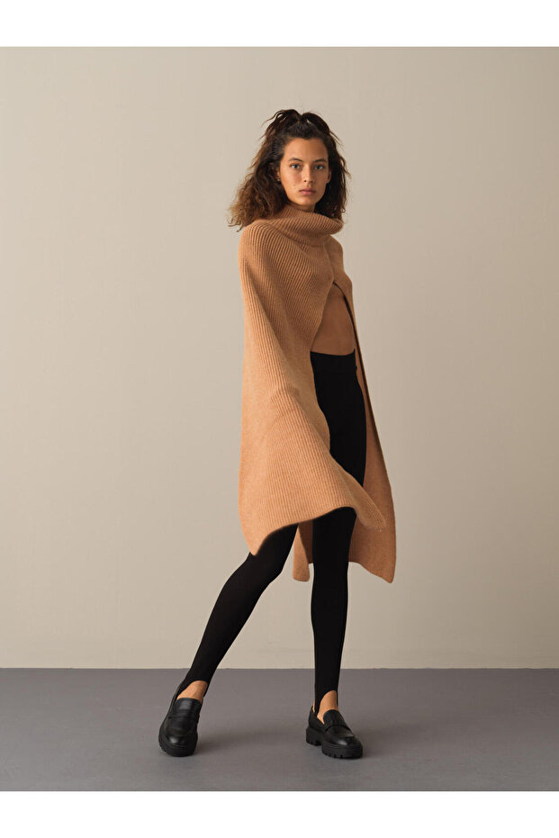 Kadın Camel1 Regular Fit Triko Yün Pelerin - 3