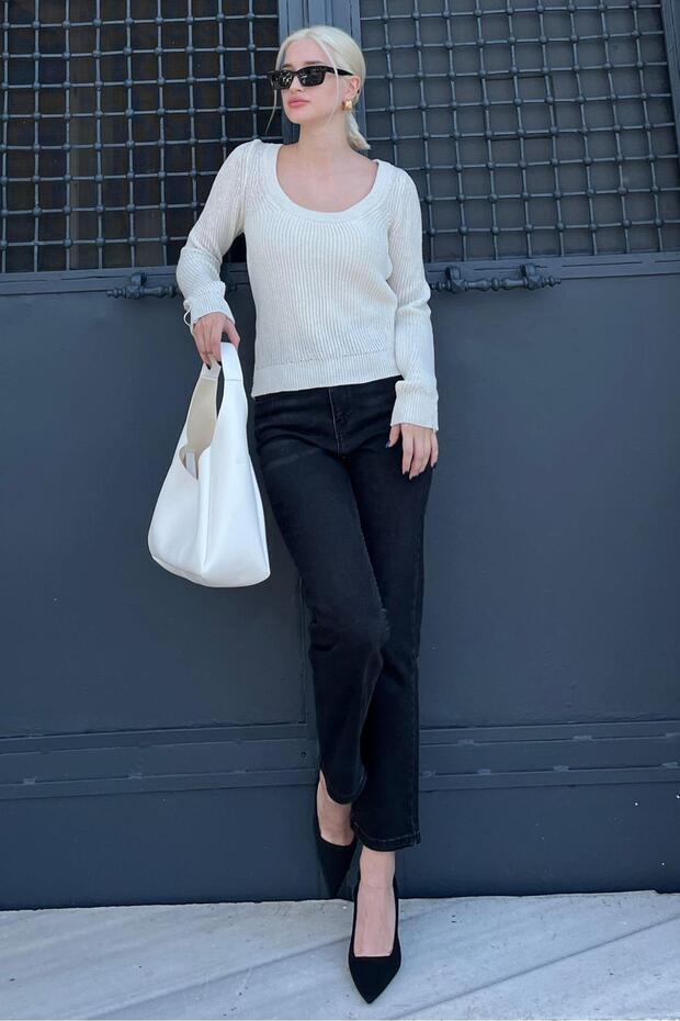 Bej Bisiklet Yaka Basic Örme Kazak MG2189 - 1