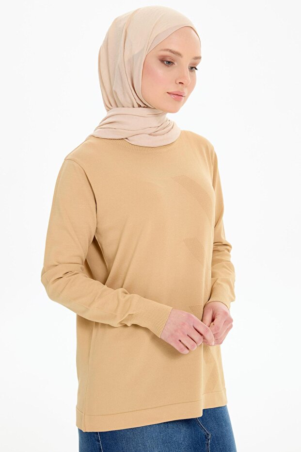 Sıfır Yaka Merserize Bluz - Bej - 3