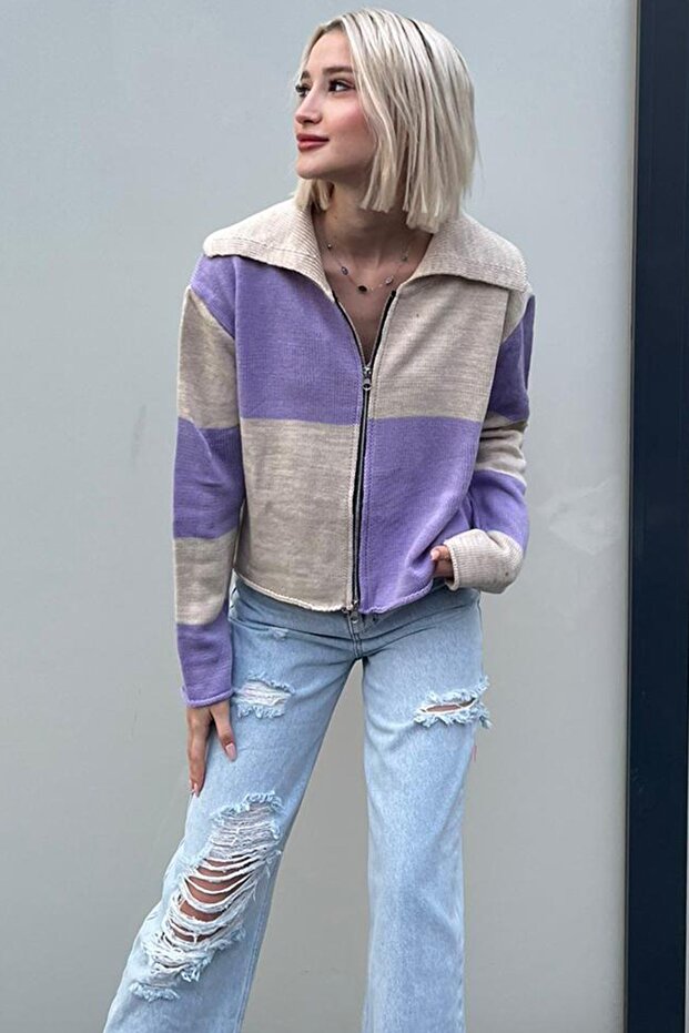 Lilac Zippered Knitwear Cardigan Mg1391