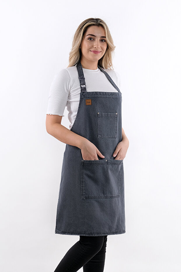 مريلة مطبخ من الدنيم مع أشرطة قابلة للتعديل - 2