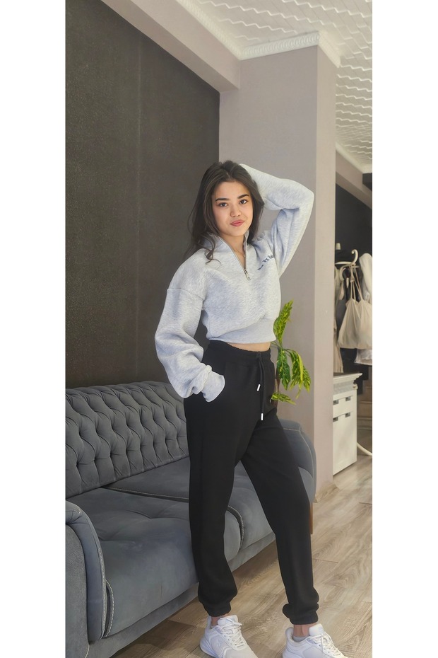 dik yakalı crop sweatshirt - 5