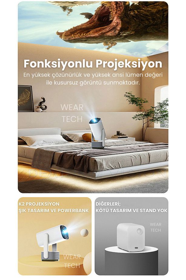 K2 Bataryalı Taşınabilir Projeksiyon Cihazı Ultra Hd Android Ev Projektörü Wifi,bluetooth,hdmı - 2