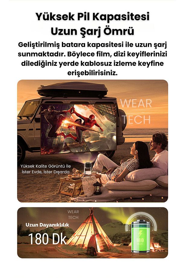 K2 Bataryalı Taşınabilir Projeksiyon Cihazı Ultra Hd Android Ev Projektörü Wifi,bluetooth,hdmı - 3