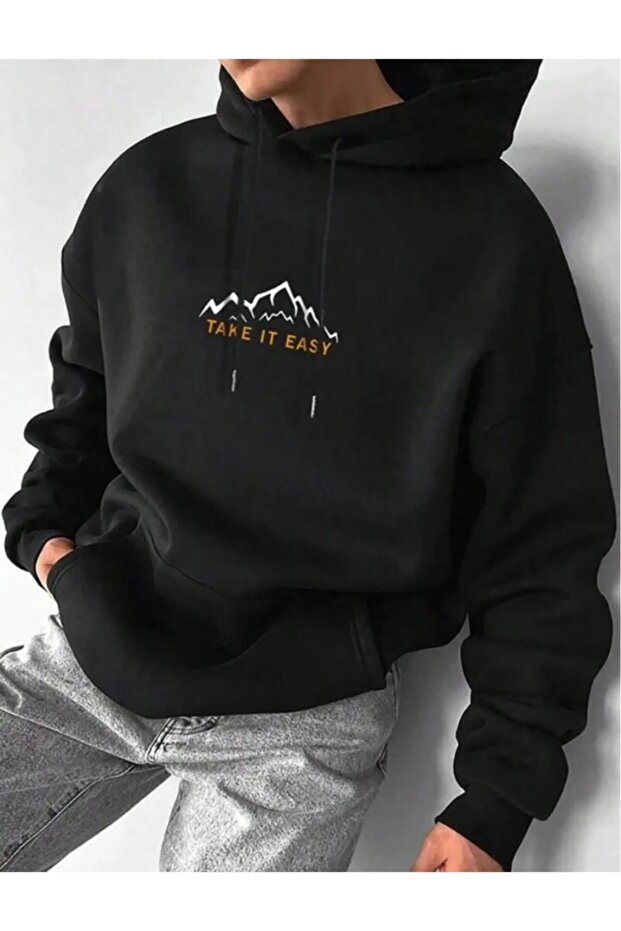 Black Hooded Printed Trend Sweatshirt
