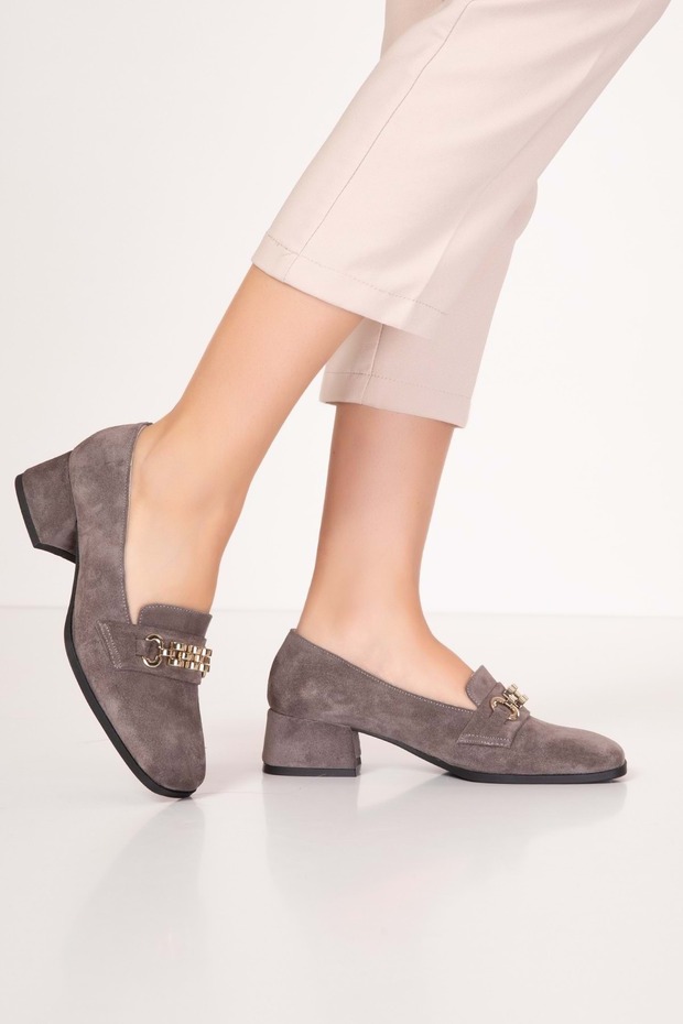 Genuine Leather Short Heeled Buckle Stylish Heels Vdt.143